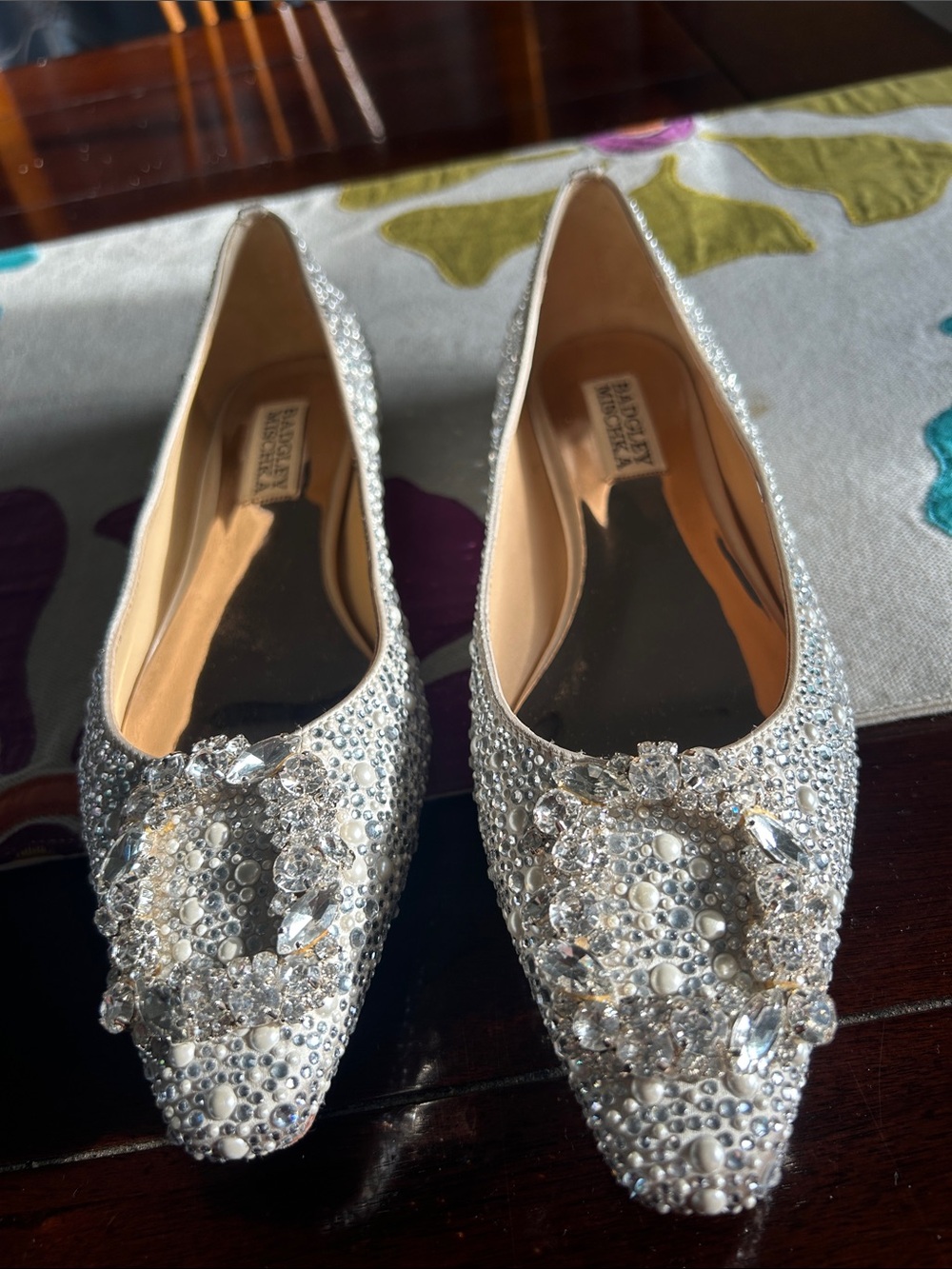 Badgley Mischka Silver Crystal & Pearl Embellished Pointed Flats